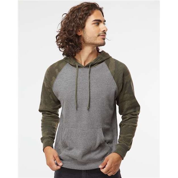 Independent Trading Co. Special Blend Raglan Hooded Sweatshirt - Nickel Heather/ Forest Camo - Independent Trading Co. PRM33SBP Independent Trading Co. Nickel Heather/ Forest Camo XS