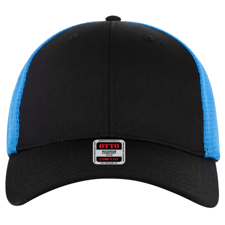 OTTO CAP "OTTO COMFY FIT" 6 Panel Low Profile Mesh Back Trucker Hat OTTO 83-2 Otto Cap 0303107 - Blk/Blk/N.Blue OSFM - Adult