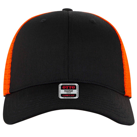 OTTO CAP "OTTO COMFY FIT" 6 Panel Low Profile Mesh Back Trucker Hat OTTO 83-2 Otto Cap 030362 - Blk/Blk/Org OSFM - Adult