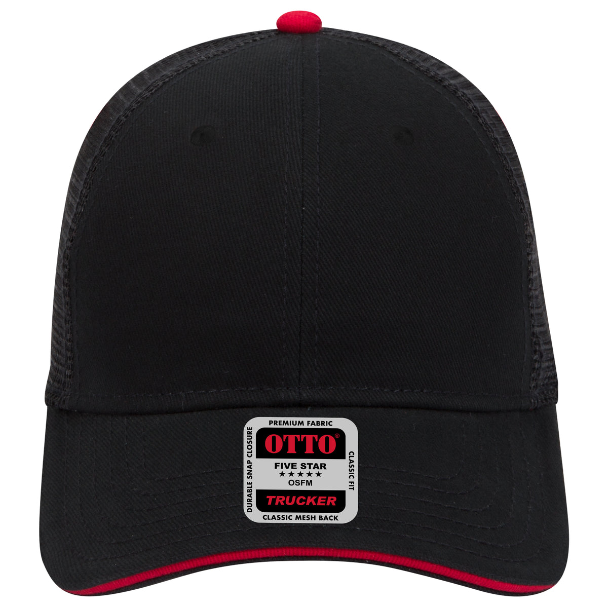 OTTO CAP 6 Panel Low Profile Mesh Back Trucker Hat OTTO 84-482 Otto Cap 030302 - Blk/Blk/Red OSFM - Adult