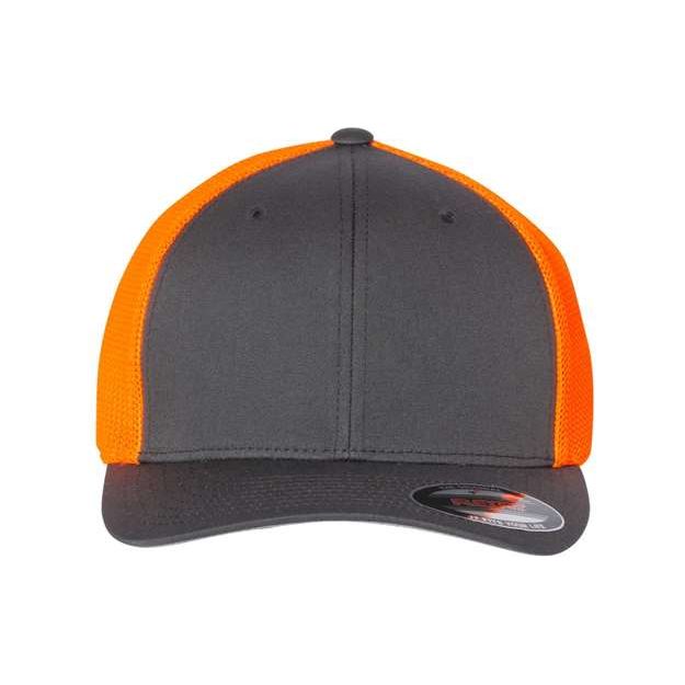 Flexfit Trucker Cap - Flexfit 6511 Flexfit Charcoal/ Neon Orange One Size