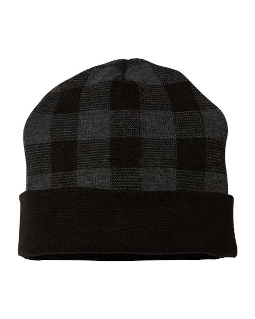 CAP AMERICA USA-Made Plaid Beanie - CAP AMERICA RKP12 CAP AMERICA Black/ Dark Heather Grey One Size