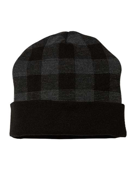 CAP AMERICA USA-Made Plaid Beanie - CAP AMERICA RKP12 CAP AMERICA Black/ Dark Heather Grey One Size