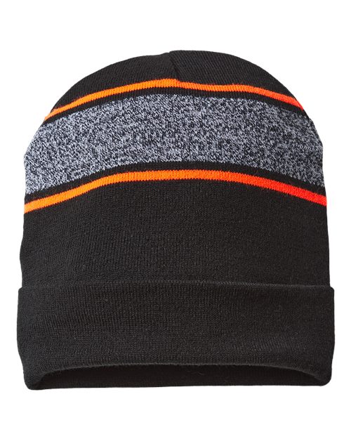 CAP AMERICA USA-Made Variegated Striped Cuffed Beanie - CAP AMERICA RKV12 CAP AMERICA Black/ Neon Blaze One Size