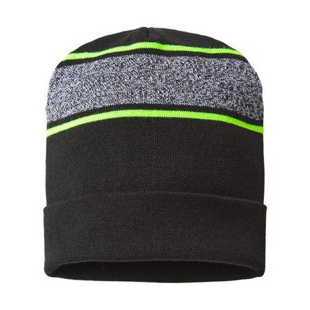 CAP AMERICA USA-Made Variegated Striped Cuffed Beanie - CAP AMERICA RKV12 CAP AMERICA Black/ Neon Yellow One Size