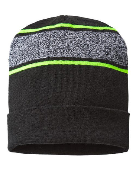 CAP AMERICA USA-Made Variegated Striped Cuffed Beanie - CAP AMERICA RKV12 CAP AMERICA Black/ Neon Yellow One Size