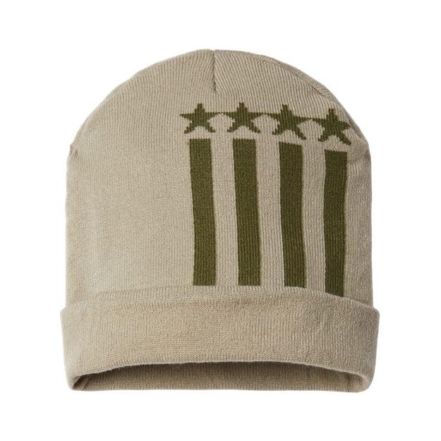 CAP AMERICA USA-Made Patriotic Cuffed Beanie - CAP AMERICA RK12 CAP AMERICA Khaki/ Olive Stars One Size