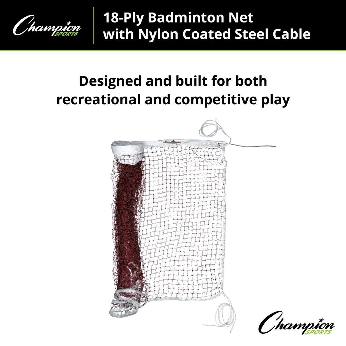 Champion Sports 18-PLY BADMINTON NET, NYLON COATED STEEL CABLE
