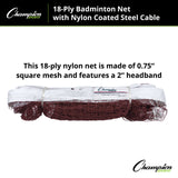 Champion Sports 18-PLY BADMINTON NET, NYLON COATED STEEL CABLE