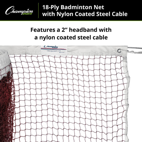 Champion Sports 18-PLY BADMINTON NET, NYLON COATED STEEL CABLE