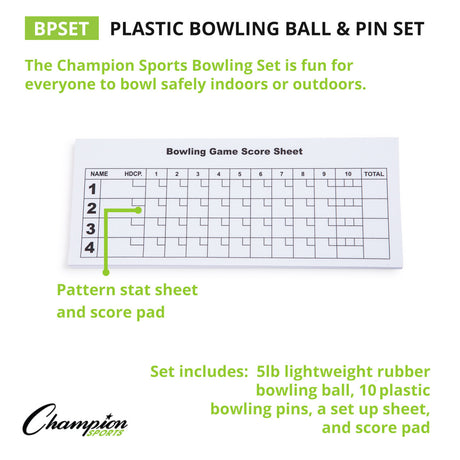 Champion Sports BPSET Plastic Bowling Ball and Pin Set