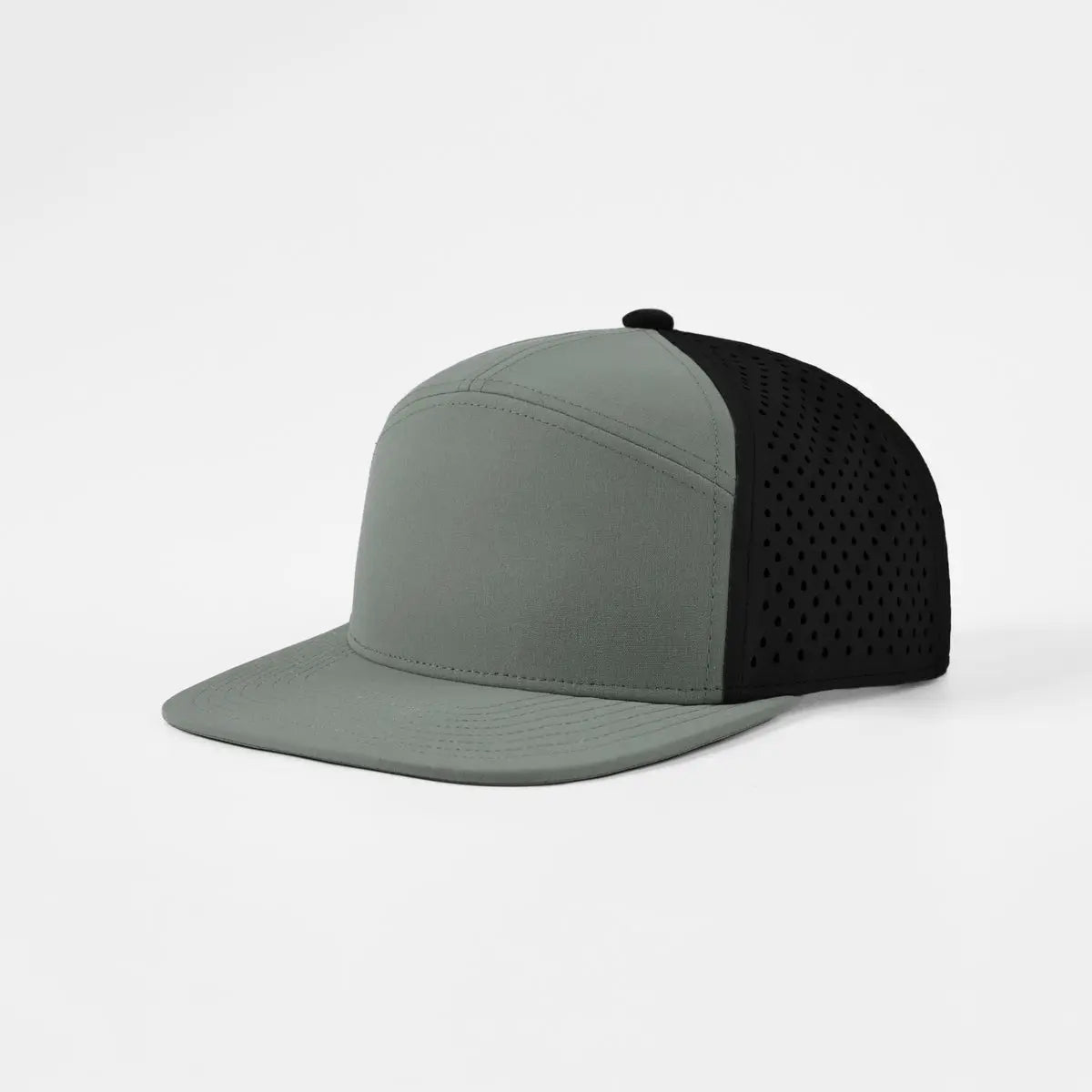 Joe's USA Hat Flat Bill 7 Panel Perforated Snapback Golf Hat - Black+Grey