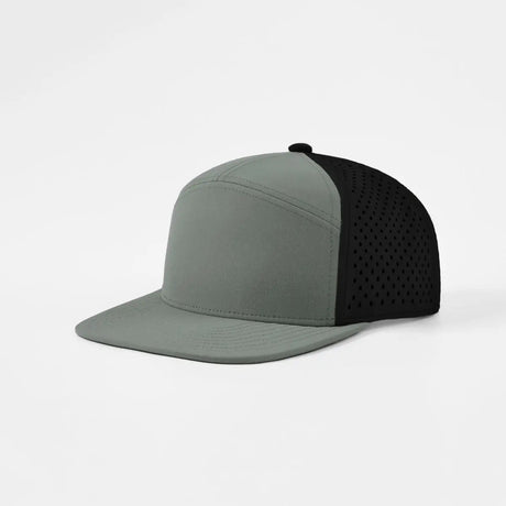 Joe's USA Hat Flat Bill 7 Panel Perforated Snapback Golf Hat - Black+Grey