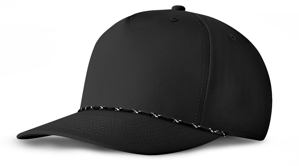 J7256 Clubhouse Performance Rope Cap - Black with Black/White Rope (Front)