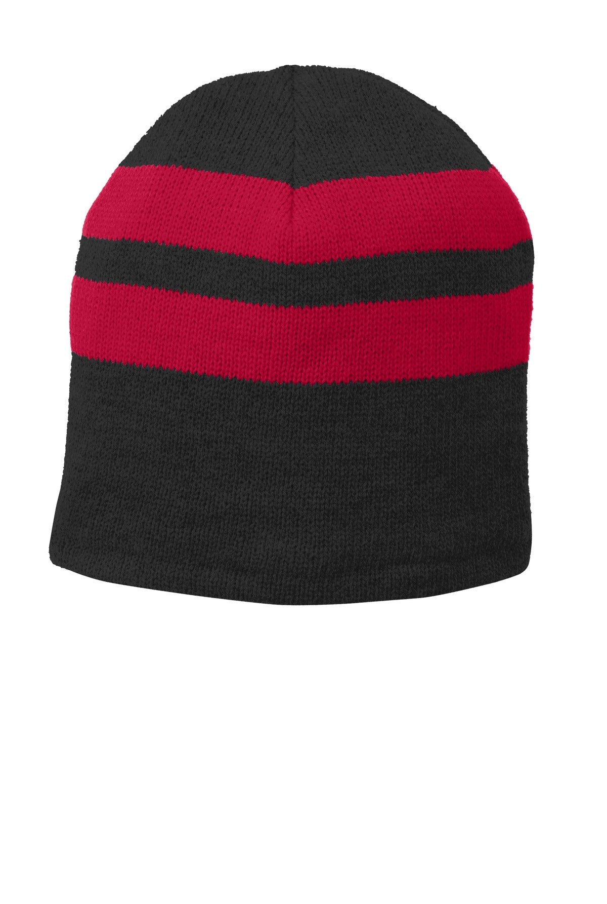 Port & Company ® Fleece-Lined Striped Beanie Cap. C922 - Port & Company C922 Caps Port & Company Black/ Athletic Red OSFA