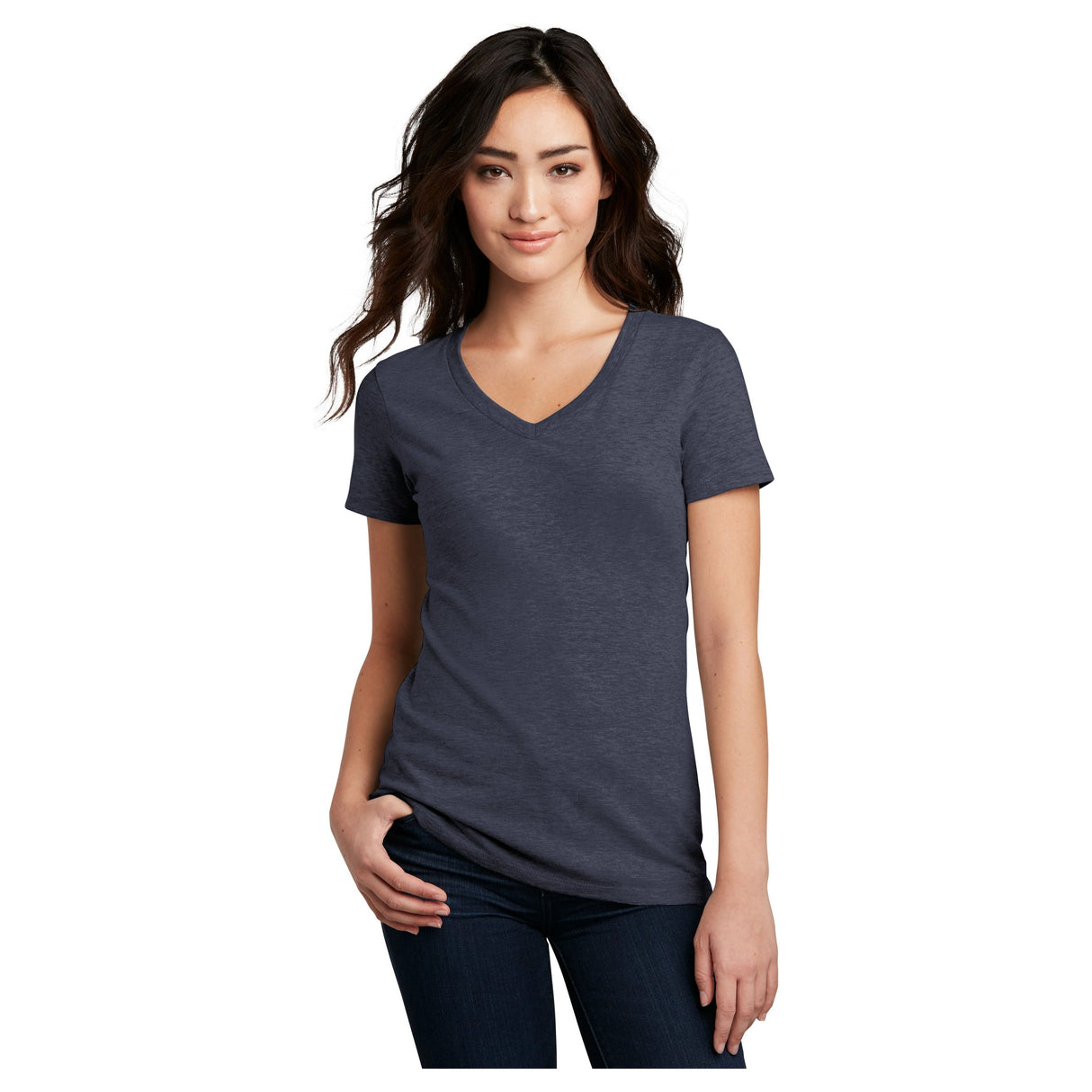 District® Women’s Perfect Blend® CVC V-Neck Tee DM1190L - Heathered Navy Women's District Heathered Navy X-Small