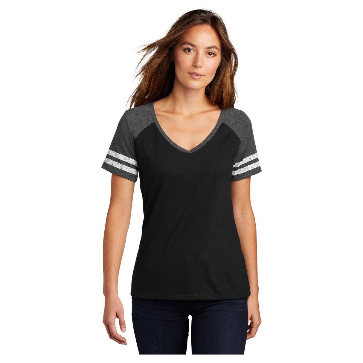 District® Women’s Game V-Neck Tee DM476 Women's District Black / Heathered Charcoal XS