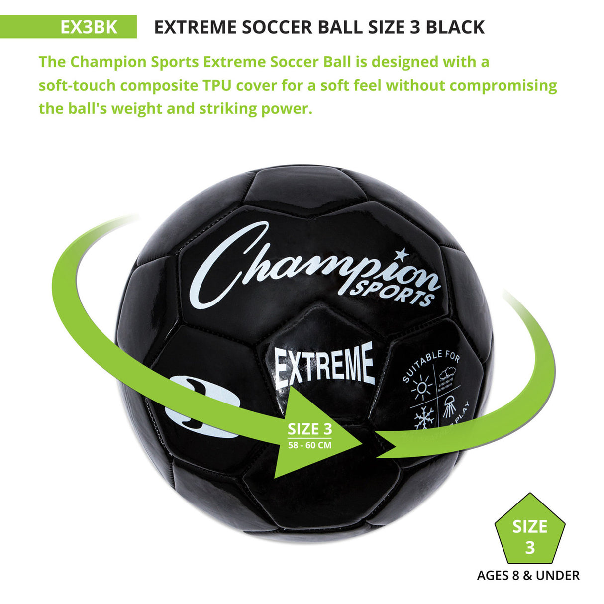 EXTREME SOCCER BALL, SIZE 3 BLACK