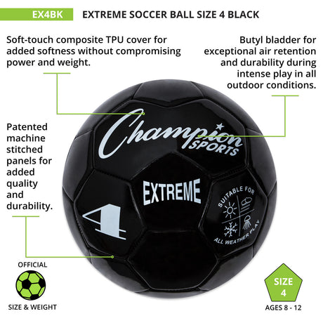 EXTREME SOCCER BALL, SIZE 4 BLACK