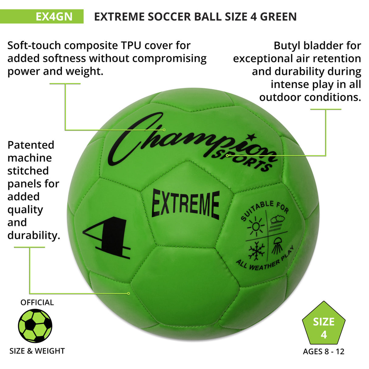 EXTREME SOCCER BALL, SIZE 4 BLACK