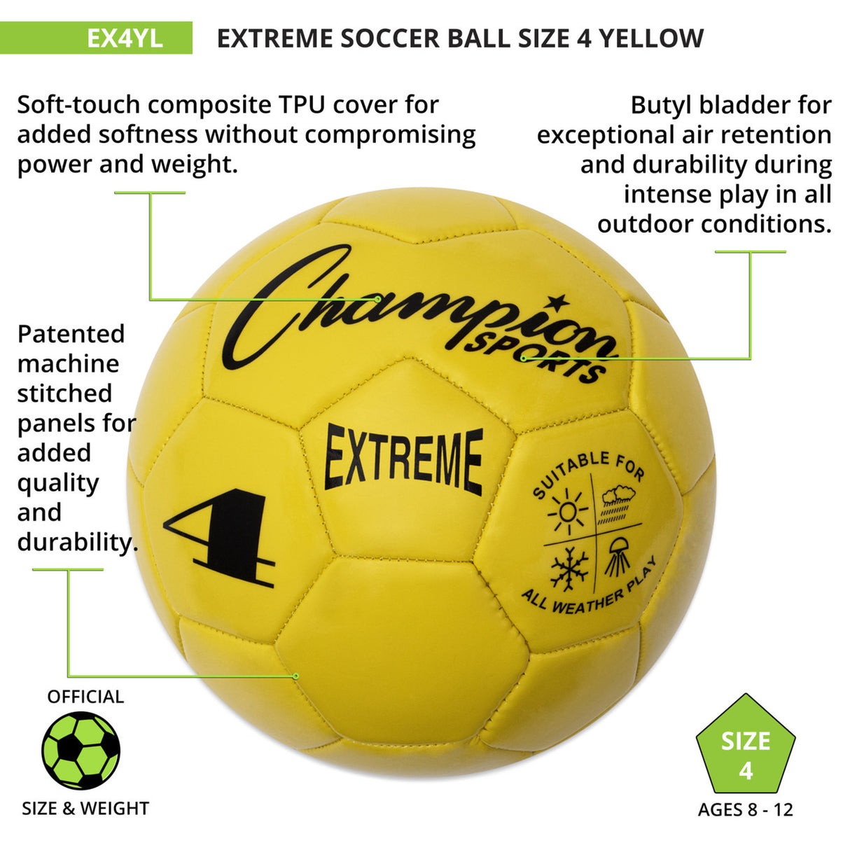 EXTREME SOCCER BALL, SIZE 4 BLACK