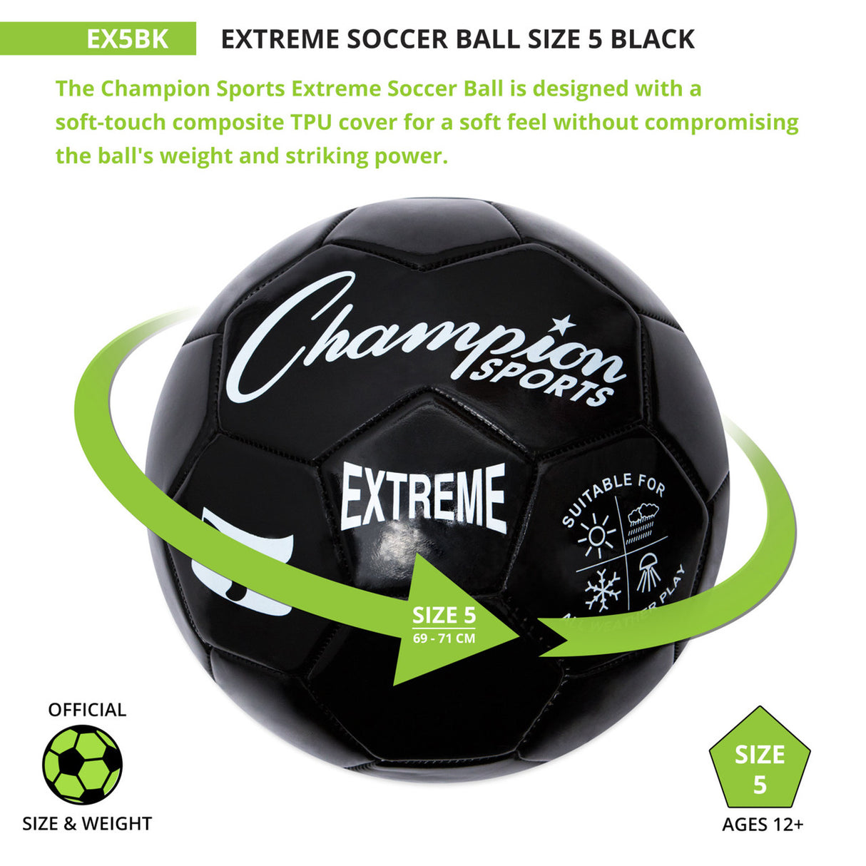 EXTREME SOCCER BALL, SIZE 5 BLACK