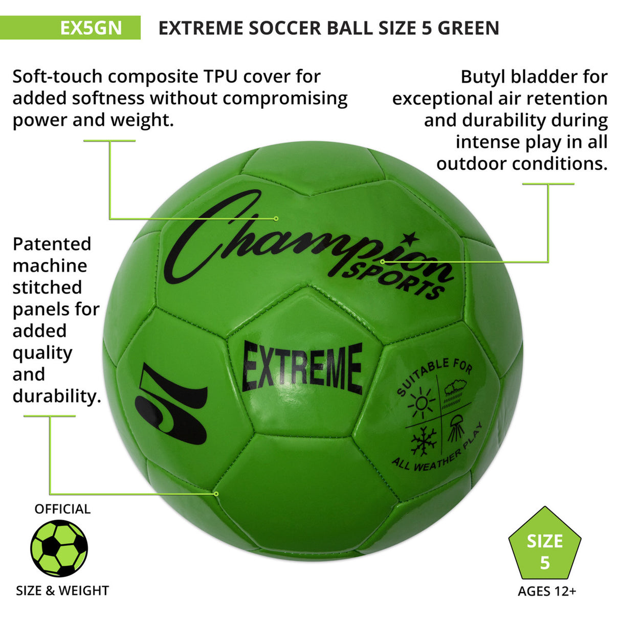 EXTREME SOCCER BALL, SIZE 5 BLACK