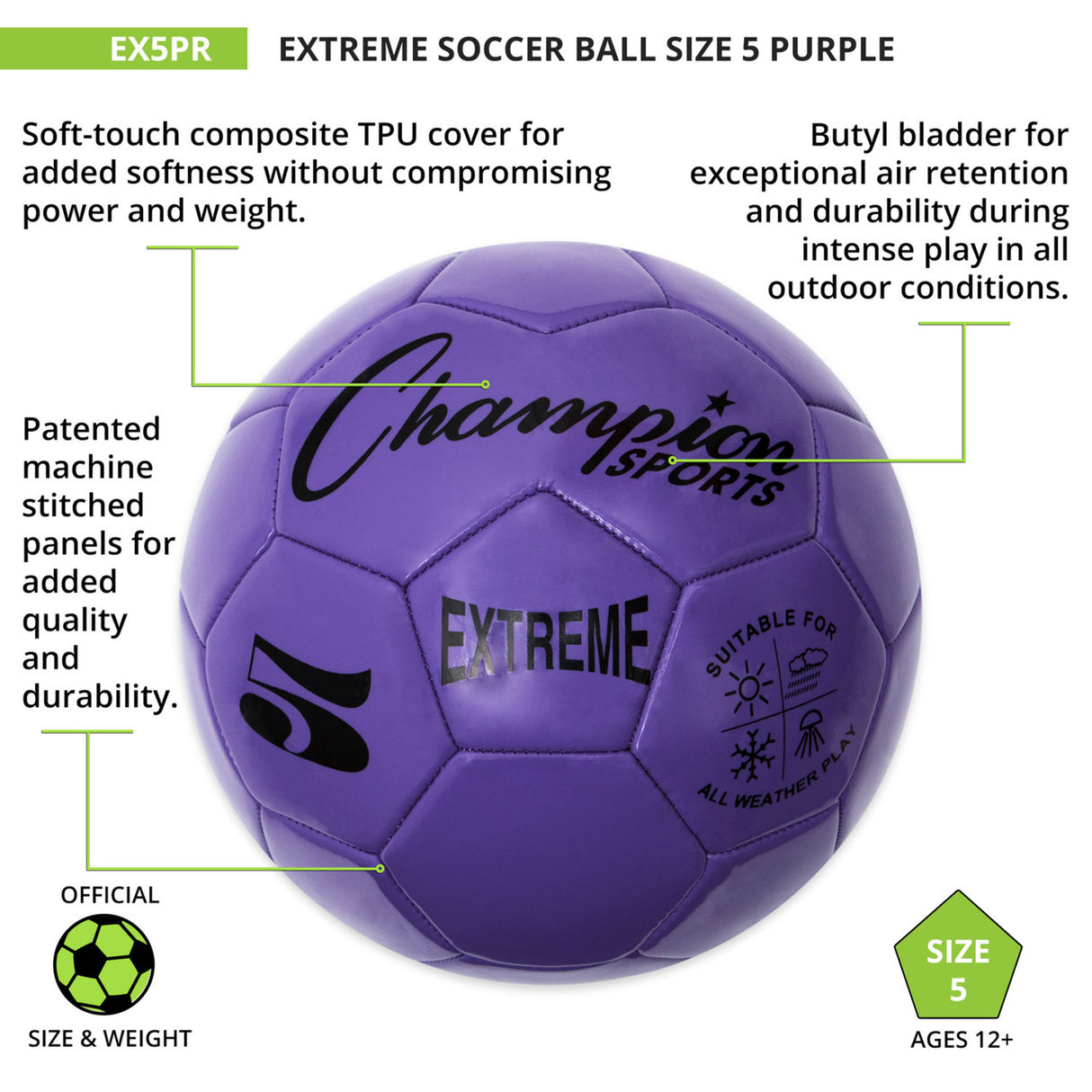 EXTREME SOCCER BALL, SIZE 5 BLACK