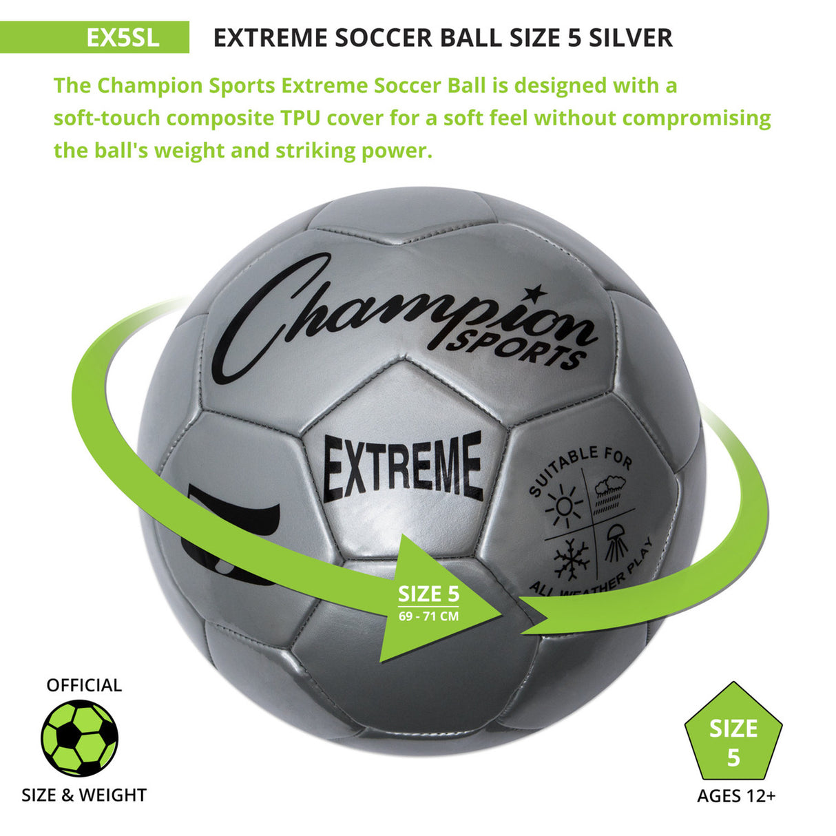 EXTREME SOCCER BALL, SIZE 5 BLACK