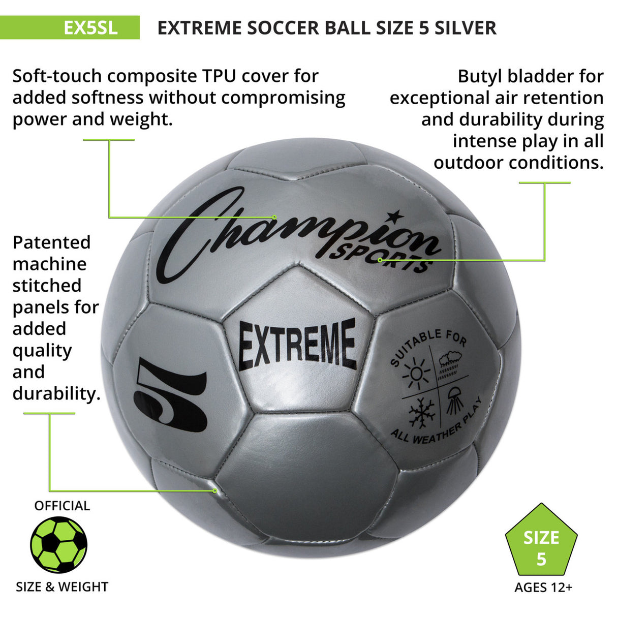 EXTREME SOCCER BALL, SIZE 5 BLACK