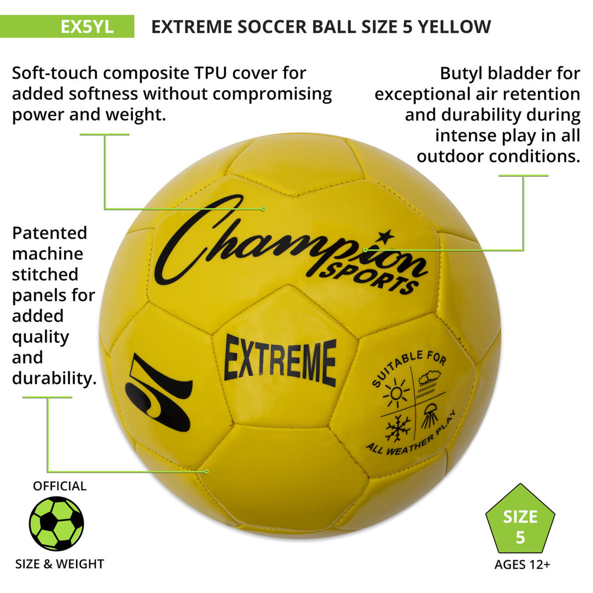 EXTREME SOCCER BALL, SIZE 5 BLACK