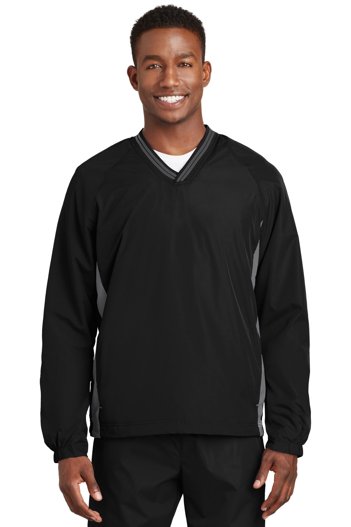 Sport-Tek ® Tipped V-Neck Raglan Wind Shirt. JST62 - Sport-Tek JST62 Activewear Sport-Tek Black/ Graphite XS