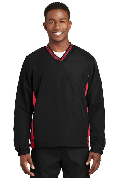 Sport-Tek ® Tipped V-Neck Raglan Wind Shirt. JST62 - Sport-Tek JST62 Activewear Sport-Tek Black/ True Red XS