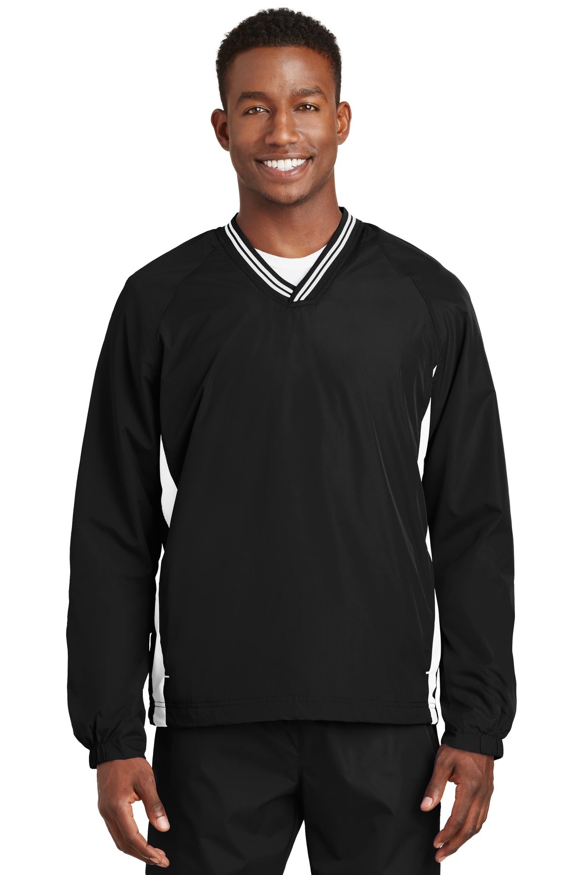 Sport-Tek ® Tipped V-Neck Raglan Wind Shirt. JST62 - Sport-Tek JST62 Activewear Sport-Tek Black/ White XS