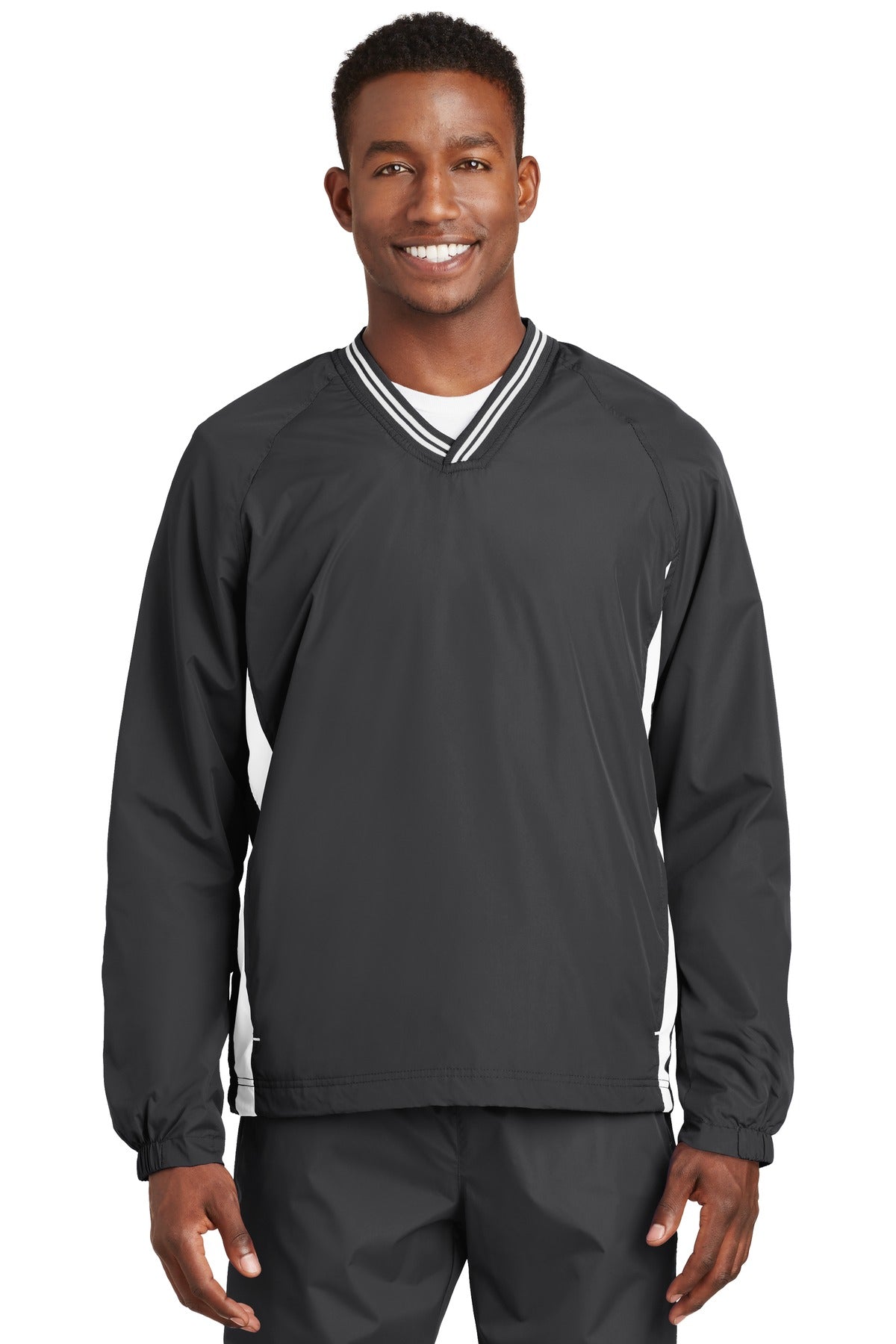 Sport-Tek ® Tipped V-Neck Raglan Wind Shirt. JST62 - Sport-Tek JST62 Activewear Sport-Tek Graphite/ White XS