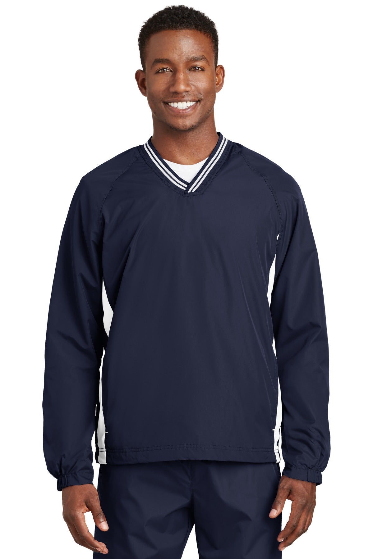 Sport-Tek ® Tipped V-Neck Raglan Wind Shirt. JST62 - Sport-Tek JST62 Activewear Sport-Tek True Navy/ White XS