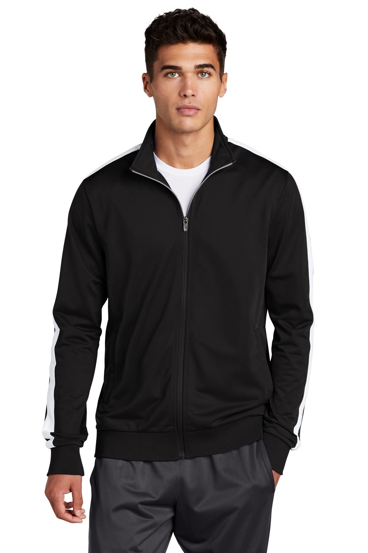 Sport-Tek ® Tricot Sleeve Stripe Track Jacket. JST94 - Sport-Tek JST94 Activewear Sport-Tek Black/ White XS