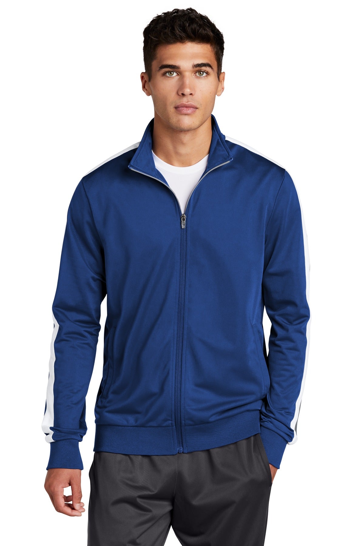 Sport-Tek ® Tricot Sleeve Stripe Track Jacket. JST94 - Sport-Tek JST94 Activewear Sport-Tek True Royal/ White XS