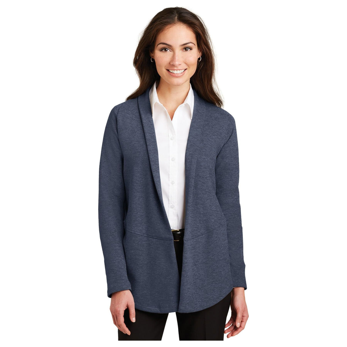 Port Authority ® Women's Interlock Cardigan. L807 - Port Authority L807 Polos/Knits Port Authority Estate Blue Heather/ Charcoal Heather XS