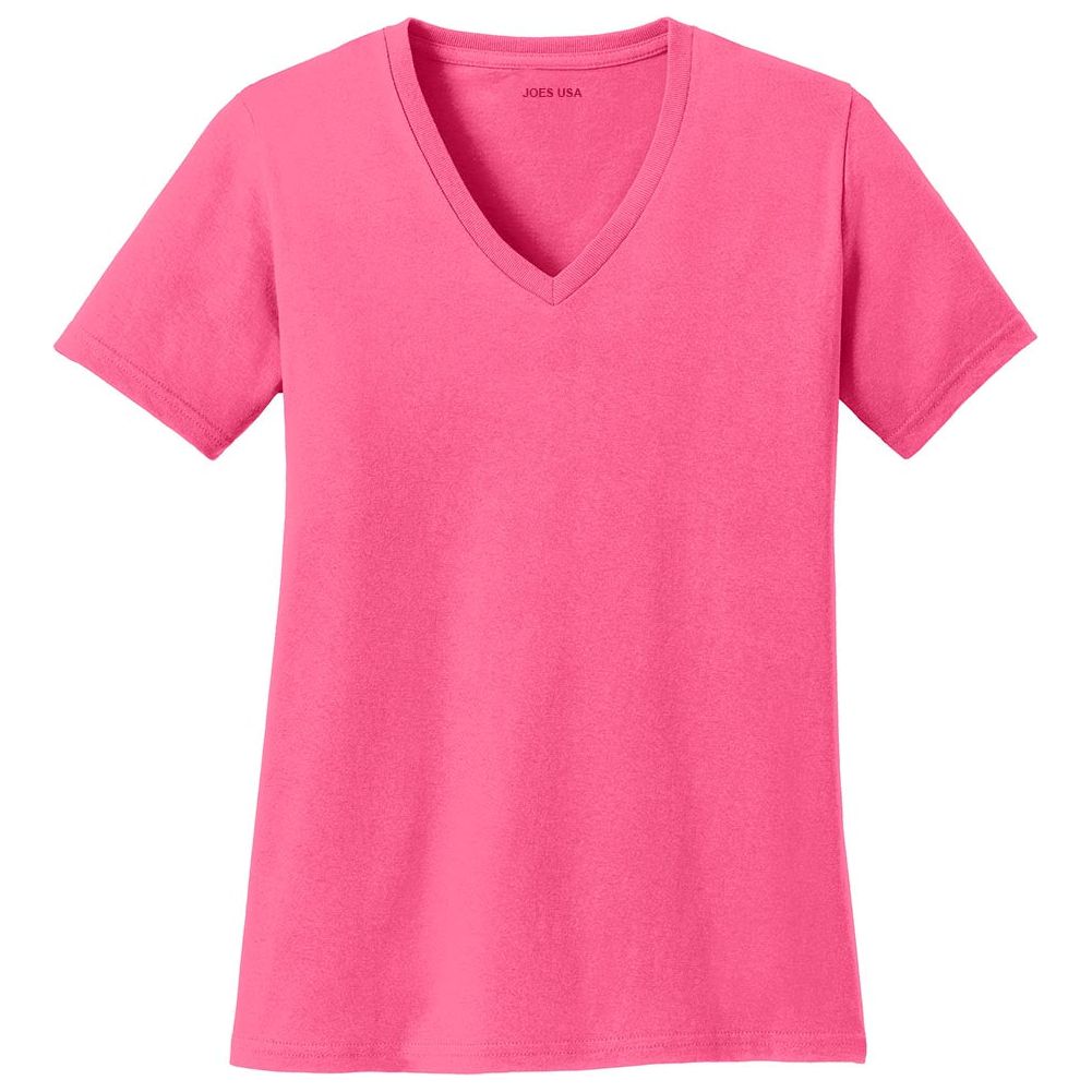 Joe's USA Ladies 5.4-oz 100% Cotton V-Neck T-Shirt-NeonPink Joe's USA Neon Pink XS