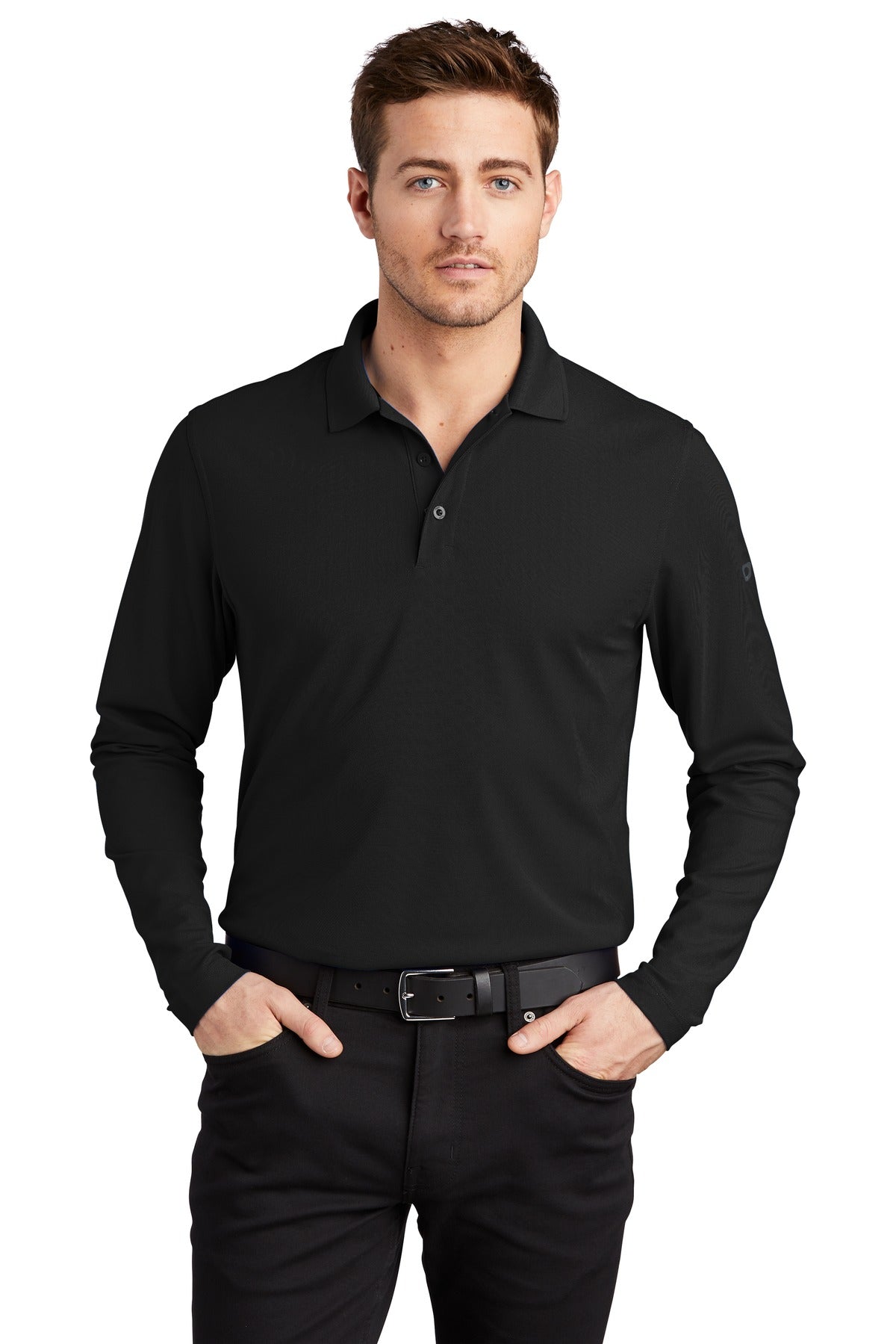 Male model wearing OGIO Caliber2.0 Long Sleeve OG105 polo in black, 5oz poly pique with stay-cool wicking, 3-button.
