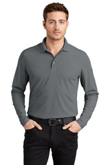 OGIO Caliber2.0 Long Sleeve OG105 polo in gray on male model, 3-button placket and polo collar.