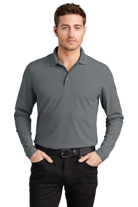 OGIO Caliber2.0 Long Sleeve OG105 polo in gray on male model, 3-button placket and polo collar.