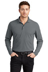 OGIO Caliber2.0 Long Sleeve OG105 polo in gray on male model, 3-button placket and polo collar.