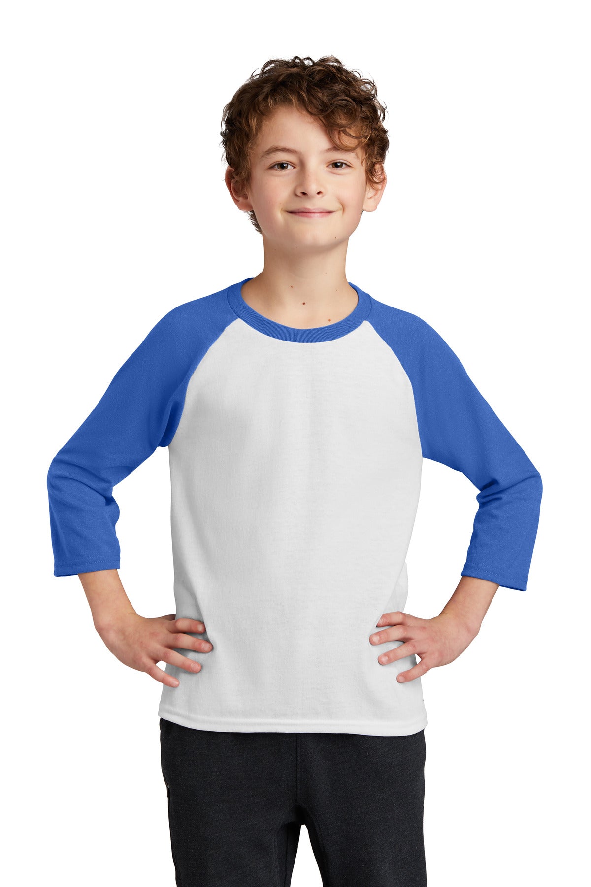 Port & Company ® Youth Core Blend 3/4-Sleeve Raglan Tee. PC55YRS - Port & Company PC55YRS T-Shirts Port & Company White/ Royal M