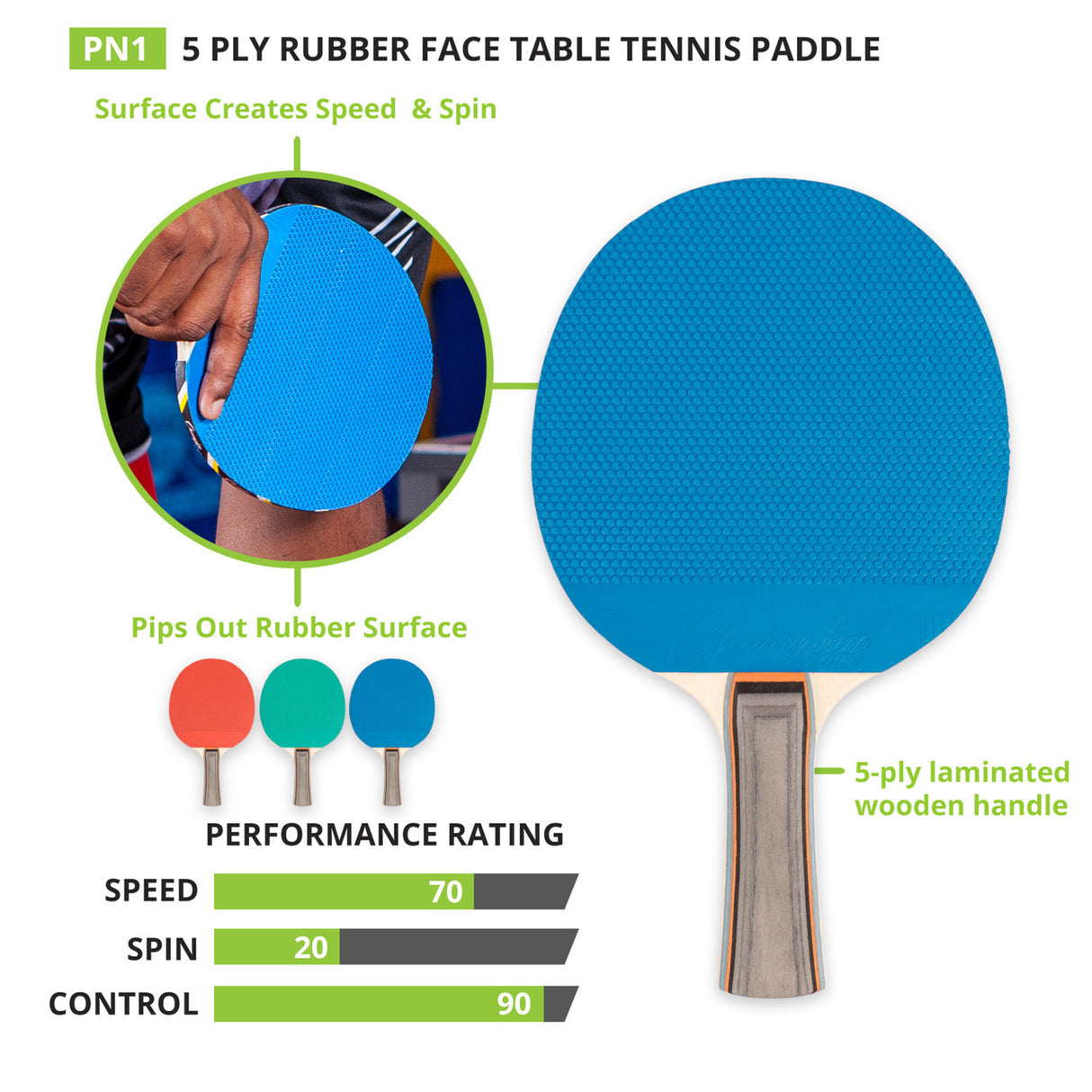 Champion Sports 5 PLY RUBBER TABLE TENNIS PADDLE