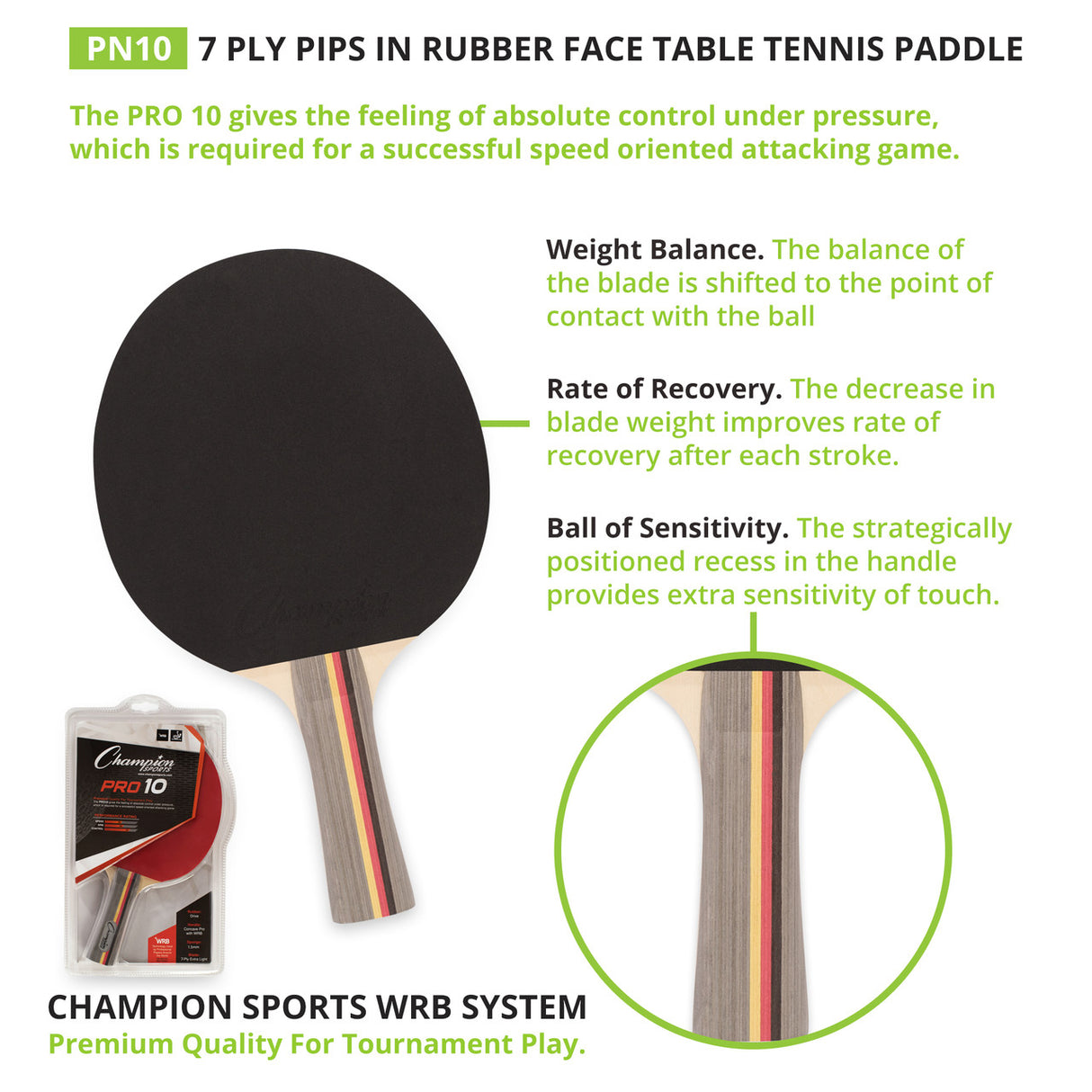 Champion Sports 7-PLY PIPS IN RUBBER FACE TABLE TENNIS PADDLE 3-4-7