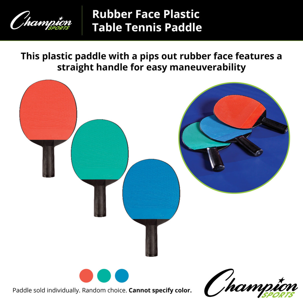Champion Sports RUBBER FACE PLASTIC TABLE TENNIS PADDLE