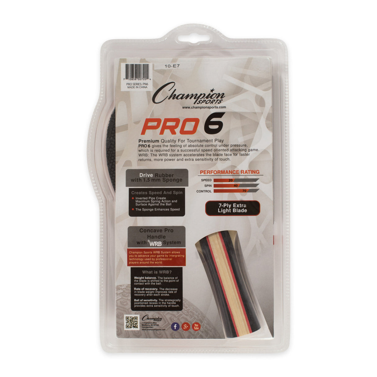 Champion Sports 7-PLY PIPS OUT RUBBER FACE TABLE TENNIS PADDLE 2-4-7