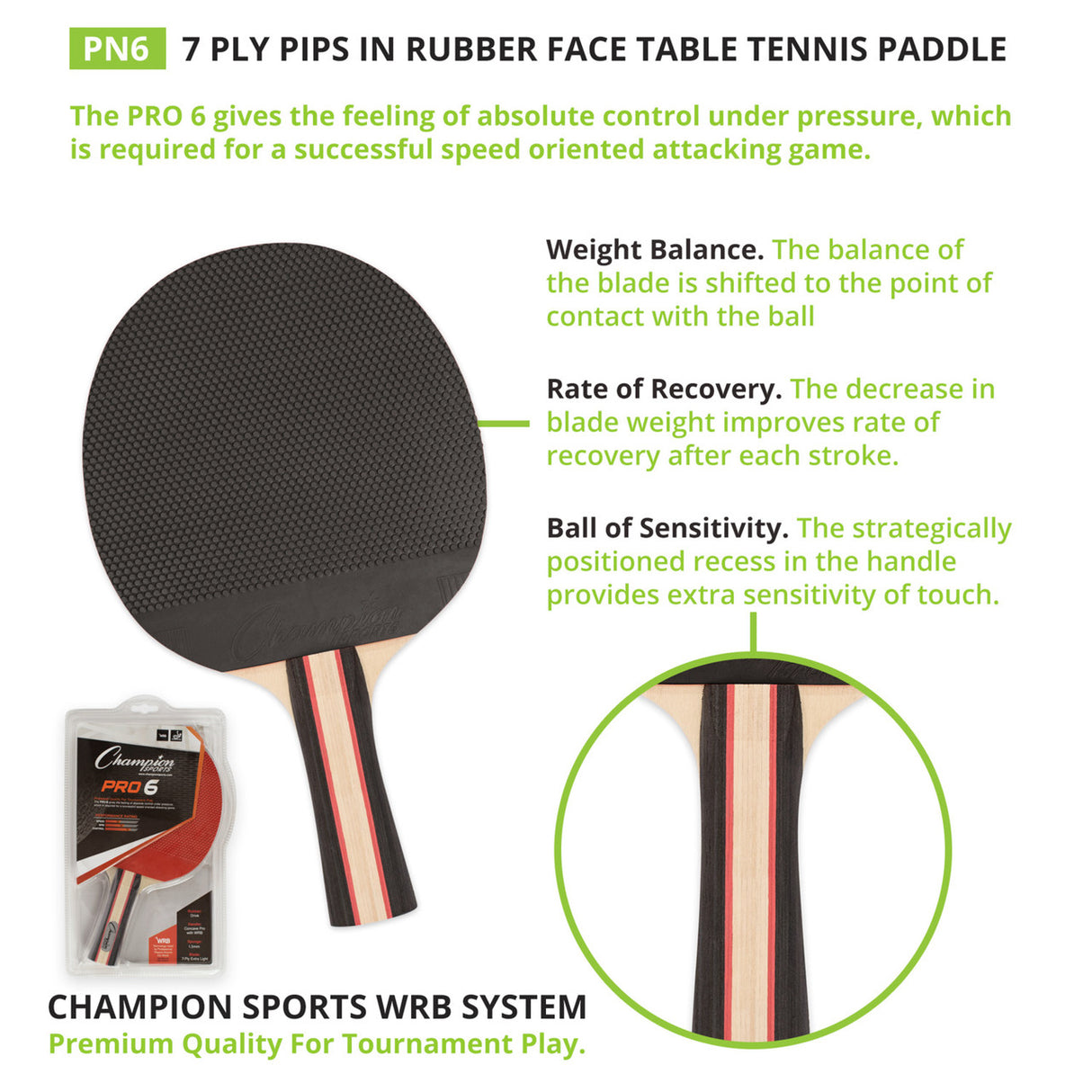 Champion Sports 7-PLY PIPS OUT RUBBER FACE TABLE TENNIS PADDLE 2-4-7